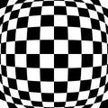 3d bulging, convex, globular, protuberant distortion, deformation on checkered, black and white squares pattern, background.
