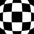 3d bulging, convex, globular, protuberant distortion, deformation on checkered, black and white squares pattern, background.