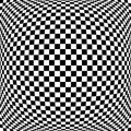 3d bulging, convex, globular, protuberant distortion, deformation on checkered, black and white squares pattern, background.