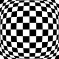 3d bulging, convex, globular, protuberant distortion, deformation on checkered, black and white squares pattern, background.