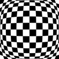 3d bulging, convex, globular, protuberant distortion, deformation on checkered, black and white squares pattern, background.