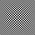 3d bulging, convex, globular, protuberant distortion, deformation on checkered, black and white squares pattern, background.