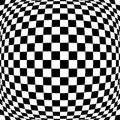 3d bulging, convex, globular, protuberant distortion, deformation on checkered, black and white squares pattern, background.