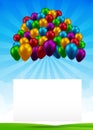 3D Colorful group of balloon with blank paper over blue sky and green field 001 Royalty Free Stock Photo
