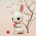 3D bunny holding a Easter egg, sitting under a tree. Royalty Free Stock Photo