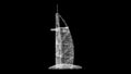 3D Burj Al Arab on black bg. Dubai skyline. Architectural and tourist concept. Most exclusive hotel world. For title