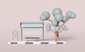 3d bus stop with passenger accommodation, tree isolated on pink background. public transportation concept, 3d illustration render Royalty Free Stock Photo