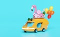 3d bus or van with guitar, luggage, balloons, camera, sunglasses, flower, flamingo isolated on blue background. summer travel Royalty Free Stock Photo