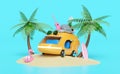 3d bus or van with island, surf board, tree, guitar, luggage, camera, sunglasses, flower, flamingo isolated on blue background. Royalty Free Stock Photo