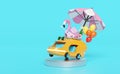 3d bus or van on podium with guitar, luggage, balloons, camera, sunglasses, flower, umbrella, flamingo isolated on blue background Royalty Free Stock Photo