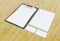 3d Business cards and blank notepads on wooden table. Royalty Free Stock Photo