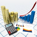 3D growth business charts, money illustration, grid in background Royalty Free Stock Photo
