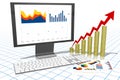 3D business growth chart, computer, grid in background