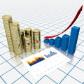 3D business growth chart, money, grid in background Royalty Free Stock Photo