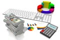 3D business chart, money, calculator, white background Royalty Free Stock Photo