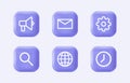 3d business icon set for company. Homepage settings, mail, web site, megaphone on realistic violet buttons. Modern Royalty Free Stock Photo