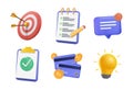 3d Business icons set. Realistic render illustration. Light bulb, target, checklist, credit card. Financial credit card