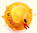 3d Business People with Big Light Bulb Idea. Innovation, Brainstorming, Creativity Concept. Characters Working Together on new Royalty Free Stock Photo