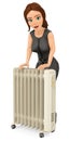 3D Business woman warming herself with an portable radiator