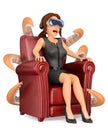 3D Business woman watching a scary movie with virtual reality glasses