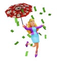 3D Business Woman Cartoon Design Dancing Under Money Raining