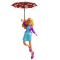 3D Business Woman Cartoon Illustration Flying with a Magic Umbrella