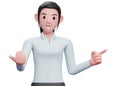3d Business woman come here gesture while pointing to the side