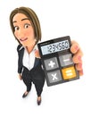 3d business woman holding calculator