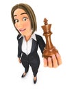 3d business woman holding a chess king