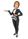 3d business woman holding empty restaurant cloche