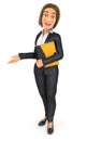 3d business woman holding folder and showing white copy space