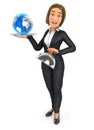 3d business woman holding restaurant cloche with earth