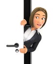 3d business woman peeking behind a door