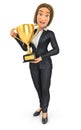 3d business woman standing with gold trophy cup