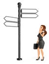 3D Business woman thoughtful and looking at an address sign