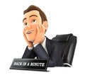 3d businessman back in a minute sign