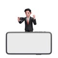 3d businessman in black formal suit celebrating while looking phone screen behind big phone landscape screen