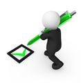 3d businessman in black suite signs with a green pen. Positive desision. Choice concept