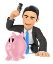 3D Businessman breaking a piggy bank. Spend savings