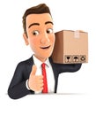 3d businessman carrying package with thumb up