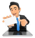 3D Businessman coming out a laptop screen with a blank card Royalty Free Stock Photo