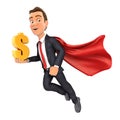 3d businessman flying and holding gold dollar sign Royalty Free Stock Photo