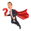 3d businessman flying and holding question mark