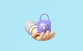 3d businessman hand holding padlock, key icon with password insecure isolated on blue background. security data protection, Royalty Free Stock Photo