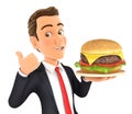 3d businessman holding big hamburger with thumb up