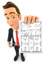 3d businessman holding house plan