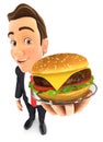 3d businessman holding plate with hamburger