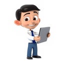 3D Businessman holding tablet. cartoon character cute smiling Businessman