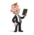3D Businessman holding tablet. cartoon character cute smiling Businessman