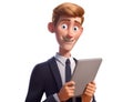 3D Businessman holding tablet. cartoon character cute smiling Businessman